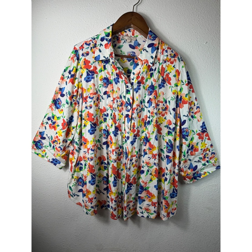 Plus Size 18/20 L Woman Within Blouse Multicolor Floral Pintuck Button Down